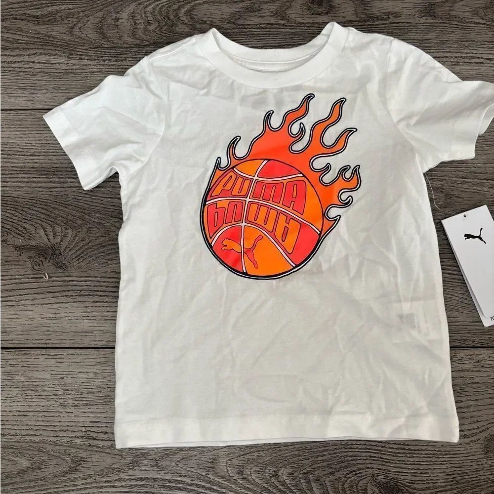 Puma Kids White Tee with Fiery Orange Basketball Design